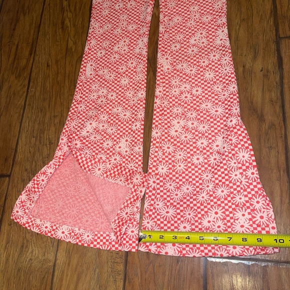 Zara Orange Pink Checkered Daisy Flower Size Small Flare Pants Women hippie boho - Picture 5 of 8